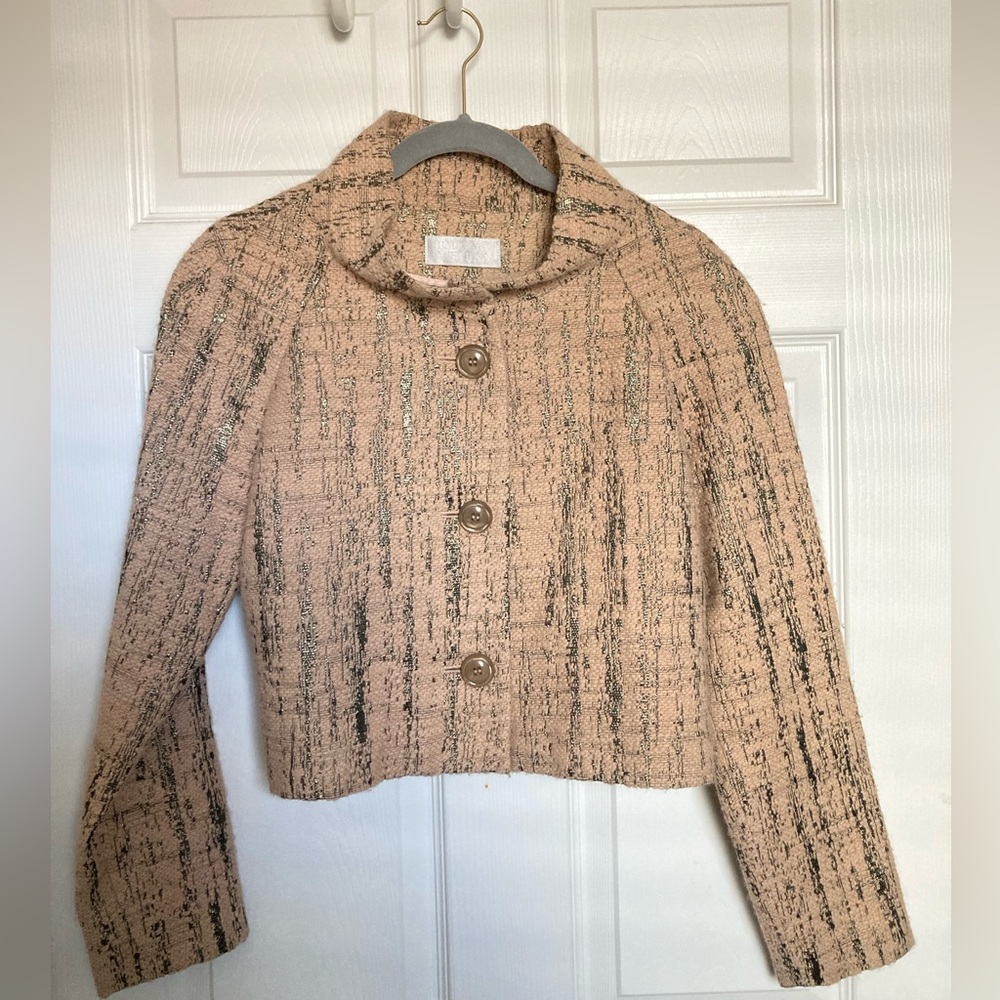 Badgley Mischka tweed cropped length blazer jacket-pink & metallic green.Size 10